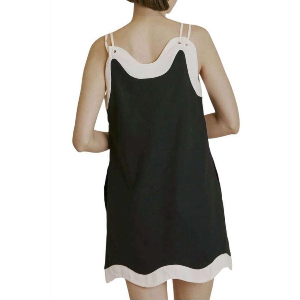 AUREUM linen blend black and white wave hem mini dress lined sleeveless Small - Picture 2 of 11